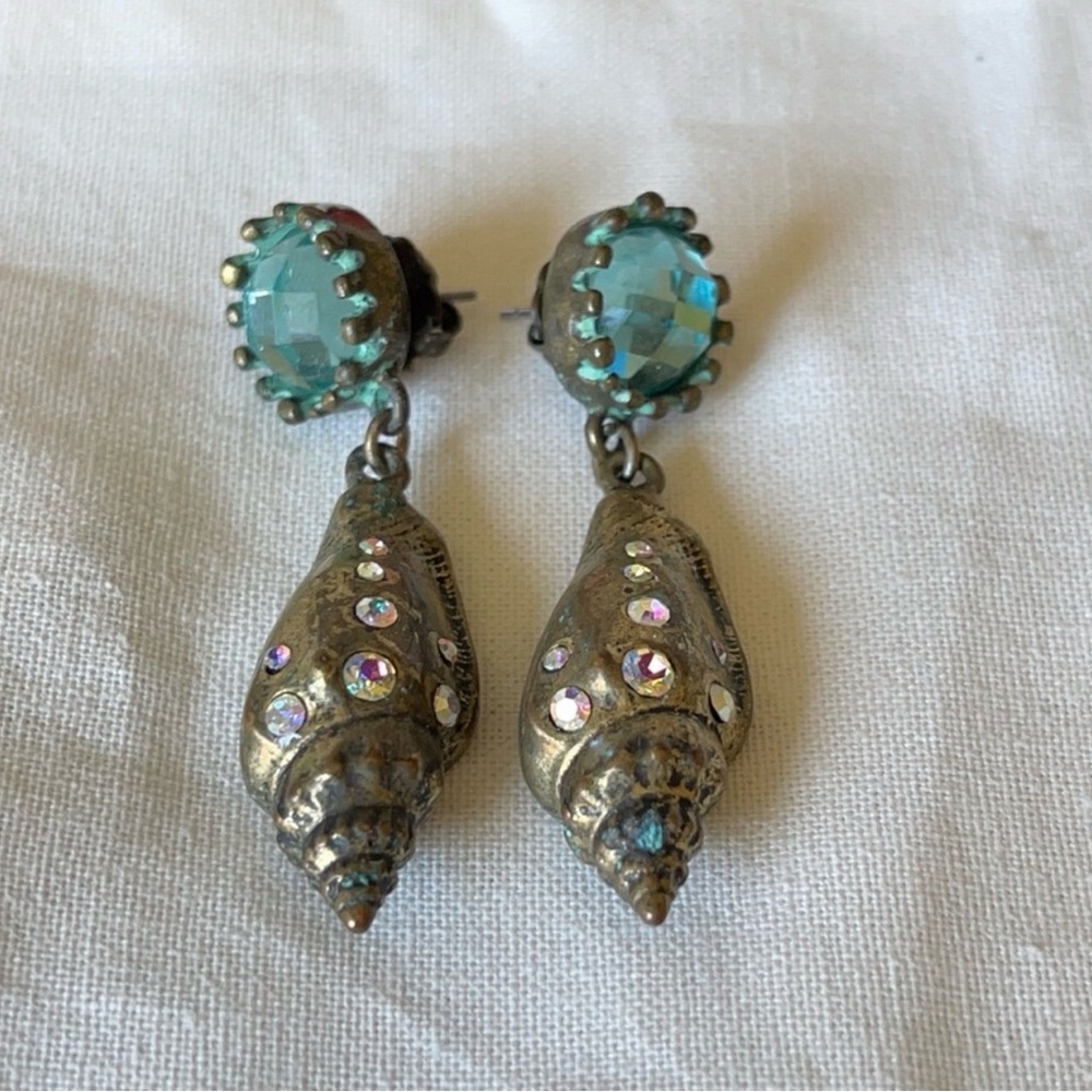 Bronze Metal Sea Shells drop earrings. Multicolor Rhinestone, Betsey Johnson